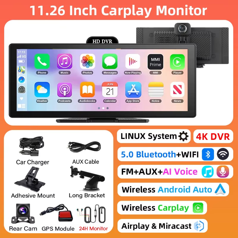 10/11.26 Inch 4K DVR Wireless Carplay & Android Auto Dash Cam Bluetooth Audio GPS Navigation Dashboard Dual Lens Video Recorder