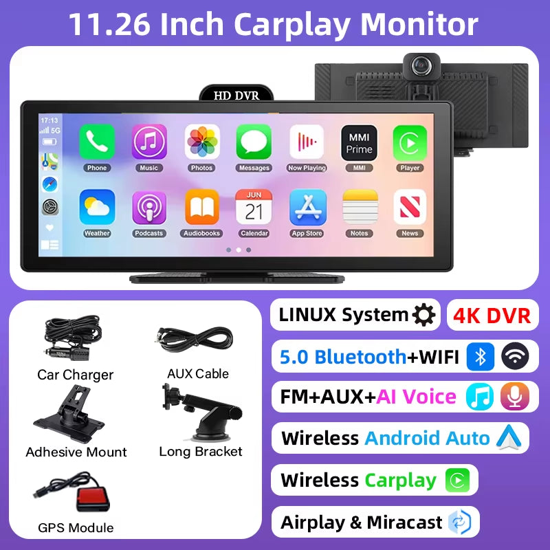 10/11.26 Inch 4K DVR Wireless Carplay & Android Auto Dash Cam Bluetooth Audio GPS Navigation Dashboard Dual Lens Video Recorder