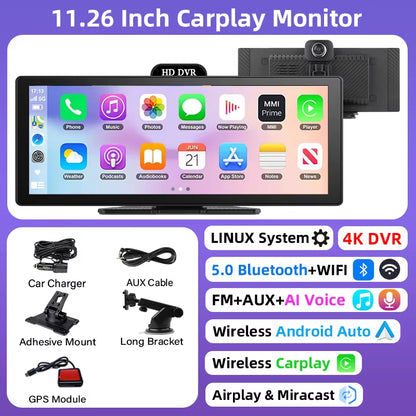 10/11.26 Inch 4K DVR Wireless Carplay & Android Auto Dash Cam Bluetooth Audio GPS Navigation Dashboard Dual Lens Video Recorder