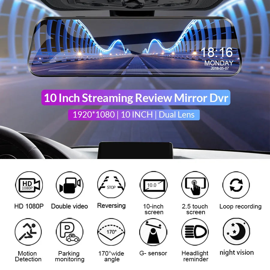 10'' Rearview Mirror Dash Cam Front & Rear 1080P Dual Recording, Backup Camera, 24H Parking Monitor, Night Vision for Cars