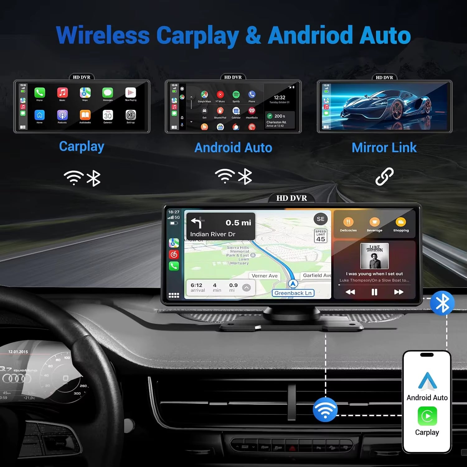 10/11.26 Inch 4K DVR Wireless Carplay & Android Auto Dash Cam Bluetooth Audio GPS Navigation Dashboard Dual Lens Video Recorder