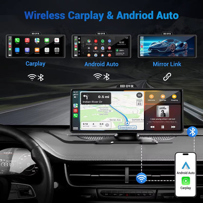 10/11.26 Inch 4K DVR Wireless Carplay & Android Auto Dash Cam Bluetooth Audio GPS Navigation Dashboard Dual Lens Video Recorder