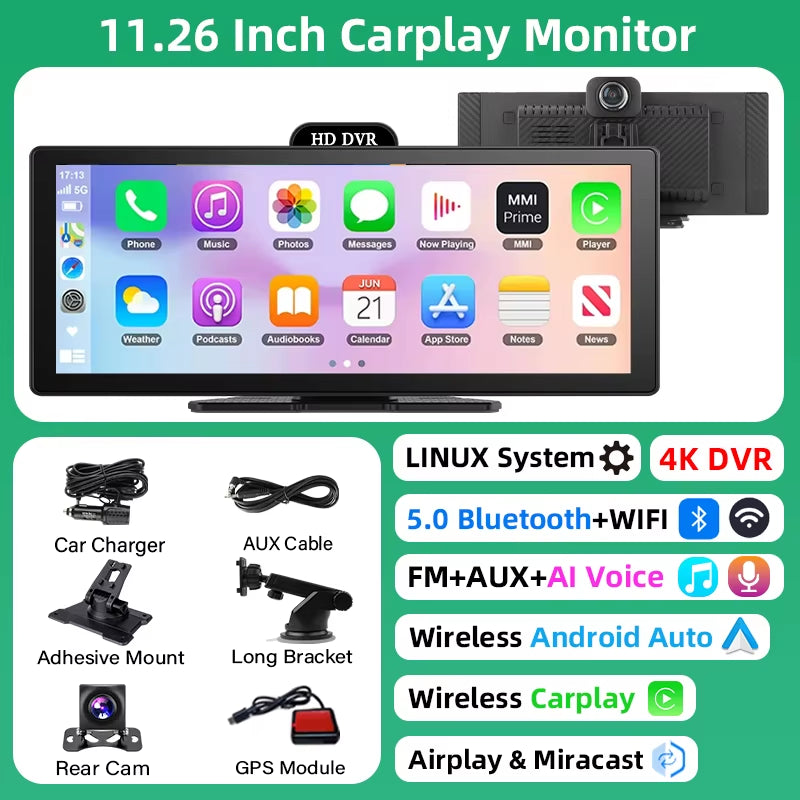 10/11.26 Inch 4K DVR Wireless Carplay & Android Auto Dash Cam Bluetooth Audio GPS Navigation Dashboard Dual Lens Video Recorder