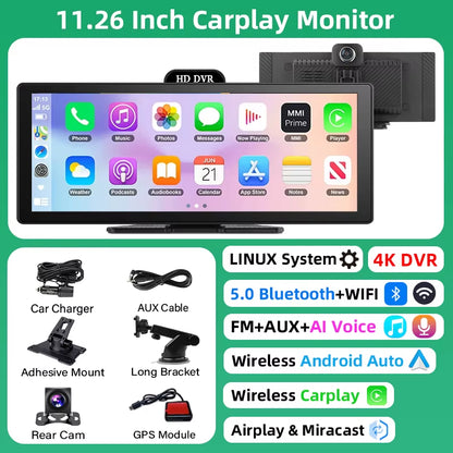 10/11.26 Inch 4K DVR Wireless Carplay & Android Auto Dash Cam Bluetooth Audio GPS Navigation Dashboard Dual Lens Video Recorder