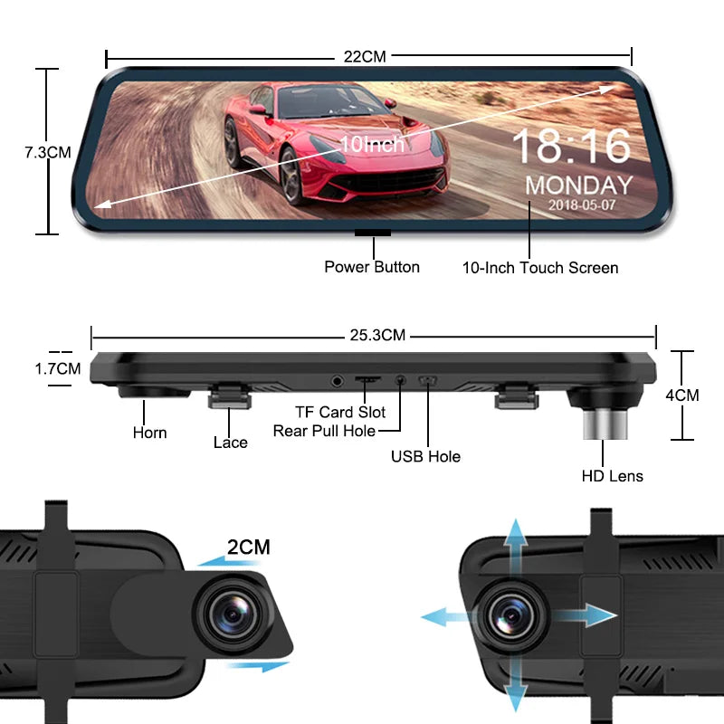 10'' Rearview Mirror Dash Cam Front & Rear 1080P Dual Recording, Backup Camera, 24H Parking Monitor, Night Vision for Cars