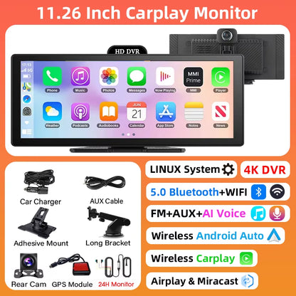 10/11.26 Inch 4K DVR Wireless Carplay & Android Auto Dash Cam Bluetooth Audio GPS Navigation Dashboard Dual Lens Video Recorder